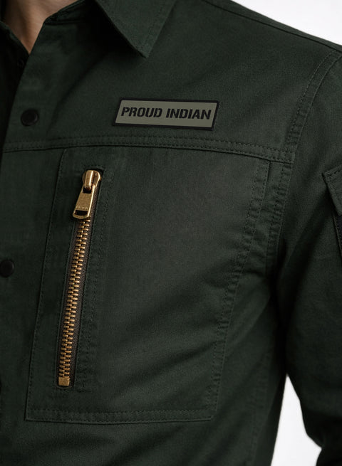 ADRO Men’s Solid Green Cargo Shirt| Premium Cotton Casual Shirts for Men | Zipper Pocket & Military Style Velcro Badge | Limited Stock