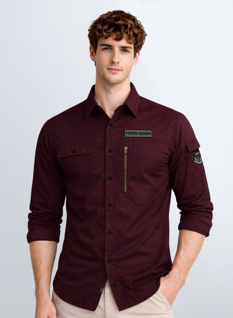 ADRO Men’s Solid Maroon Cargo Shirt| Premium Cotton Casual Shirts for Men | Zipper Pocket & Military Style Velcro Badge | Limited Stock