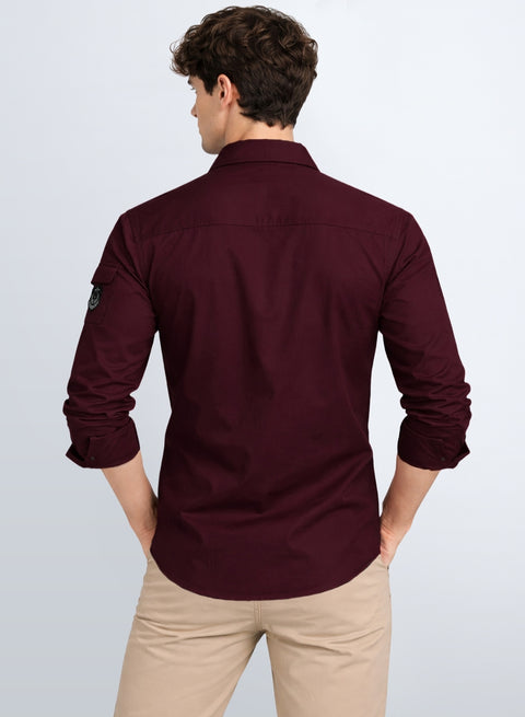 ADRO Men’s Solid Maroon Cargo Shirt| Premium Cotton Casual Shirts for Men | Zipper Pocket & Military Style Velcro Badge | Limited Stock