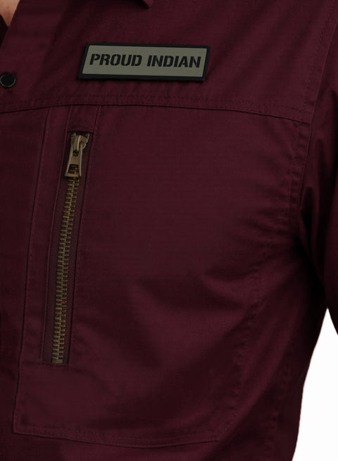 ADRO Men’s Solid Maroon Cargo Shirt| Premium Cotton Casual Shirts for Men | Zipper Pocket & Military Style Velcro Badge | Limited Stock