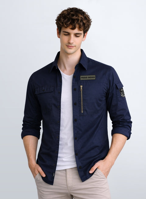 ADRO Men’s Solid Navy Blue Cargo Shirt| Premium Cotton Casual Shirts for Men | Zipper Pocket & Military Style Velcro Badge | Limited Stock