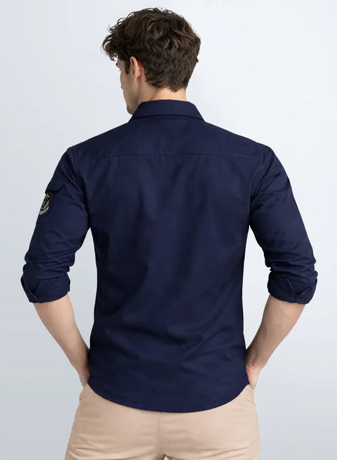 ADRO Men’s Solid Navy Blue Cargo Shirt| Premium Cotton Casual Shirts for Men | Zipper Pocket & Military Style Velcro Badge | Limited Stock