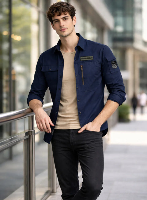 ADRO Men’s Solid Navy Blue Cargo Shirt| Premium Cotton Casual Shirts for Men | Zipper Pocket & Military Style Velcro Badge | Limited Stock