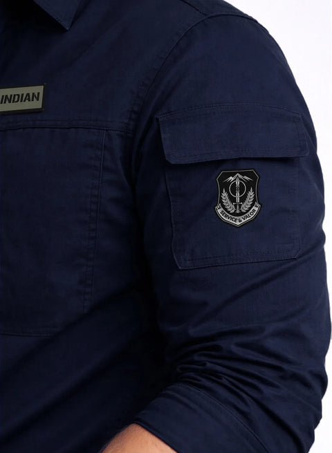 ADRO Men’s Solid Navy Blue Cargo Shirt| Premium Cotton Casual Shirts for Men | Zipper Pocket & Military Style Velcro Badge | Limited Stock