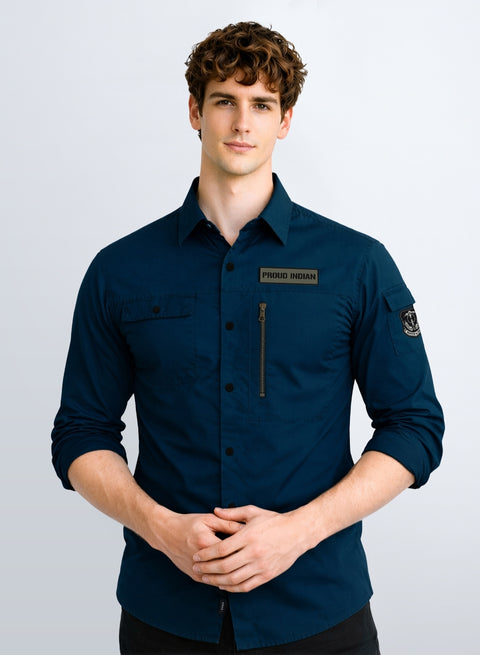 ADRO Men’s Solid Teal Blue Cargo Shirt| Premium Cotton Casual Shirts for Men | Zipper Pocket & Military Style Velcro Badge | Limited Stock