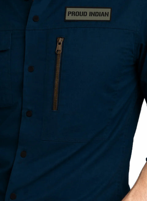 ADRO Men’s Solid Teal Blue Cargo Shirt| Premium Cotton Casual Shirts for Men | Zipper Pocket & Military Style Velcro Badge | Limited Stock