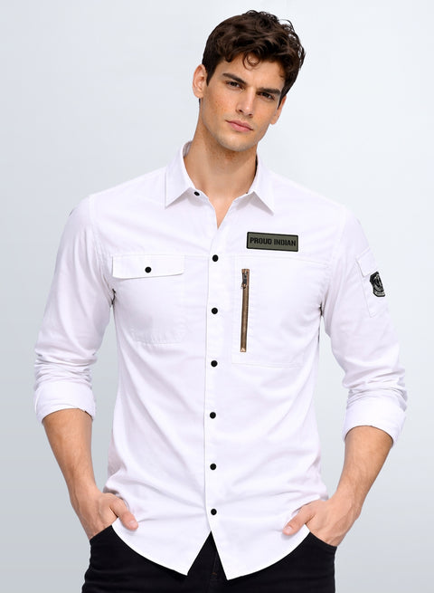ADRO Men’s Solid White Cargo Shirt| Premium Cotton Casual Shirts for Men | Zipper Pocket & Military Style Velcro Badge | Limited Stock