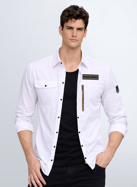 ADRO Men’s Solid White Cargo Shirt| Premium Cotton Casual Shirts for Men | Zipper Pocket & Military Style Velcro Badge | Limited Stock
