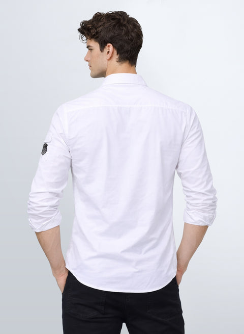 ADRO Men’s Solid White Cargo Shirt| Premium Cotton Casual Shirts for Men | Zipper Pocket & Military Style Velcro Badge | Limited Stock