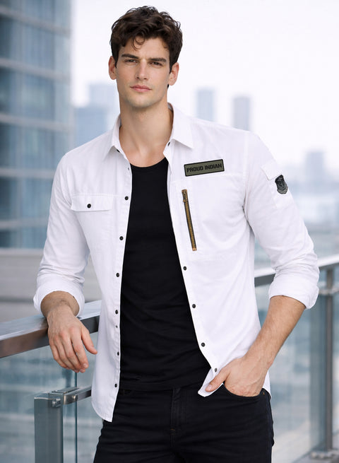 ADRO Men’s Solid White Cargo Shirt| Premium Cotton Casual Shirts for Men | Zipper Pocket & Military Style Velcro Badge | Limited Stock