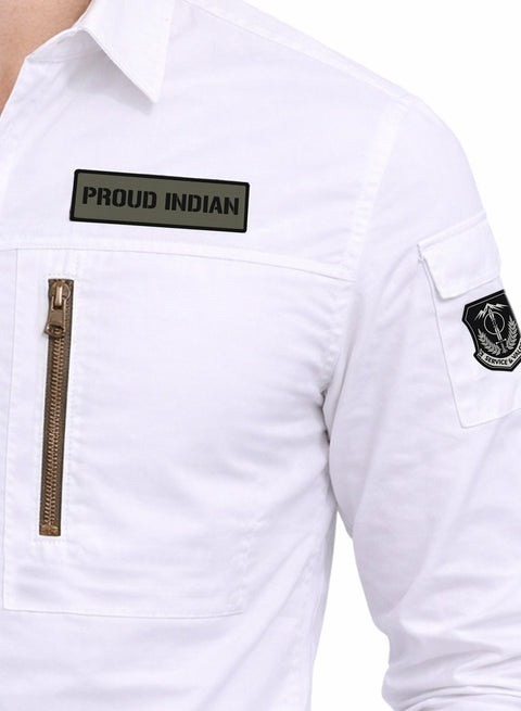 ADRO Men’s Solid White Cargo Shirt| Premium Cotton Casual Shirts for Men | Zipper Pocket & Military Style Velcro Badge | Limited Stock