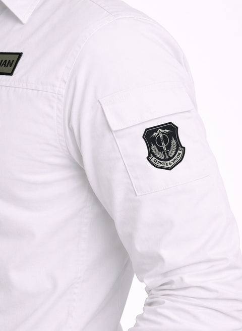 ADRO Men’s Solid White Cargo Shirt| Premium Cotton Casual Shirts for Men | Zipper Pocket & Military Style Velcro Badge | Limited Stock
