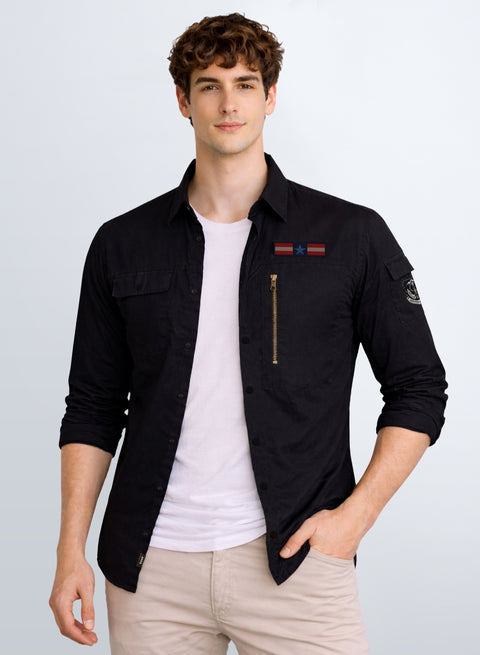 ADRO Men’s Solid Black Cargo Shirt| Premium Cotton Casual Shirts for Men | Zipper Pocket & Military Style Velcro Badge | Limited Stock