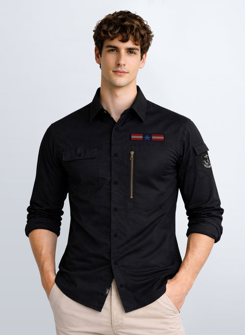 ADRO Men’s Solid Black Cargo Shirt| Premium Cotton Casual Shirts for Men | Zipper Pocket & Military Style Velcro Badge | Limited Stock