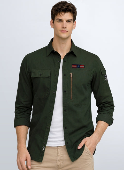 ADRO Men’s Solid Green Cargo Shirt| Premium Cotton Casual Shirts for Men | Zipper Pocket & Military Style Velcro Badge | Limited Stock