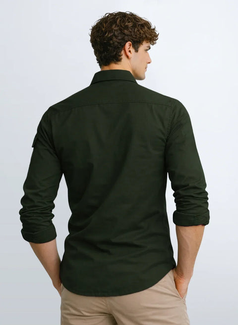 ADRO Men’s Solid Green Cargo Shirt| Premium Cotton Casual Shirts for Men | Zipper Pocket & Military Style Velcro Badge | Limited Stock