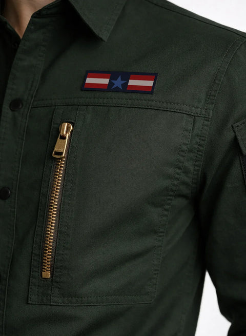 ADRO Men’s Solid Green Cargo Shirt| Premium Cotton Casual Shirts for Men | Zipper Pocket & Military Style Velcro Badge | Limited Stock
