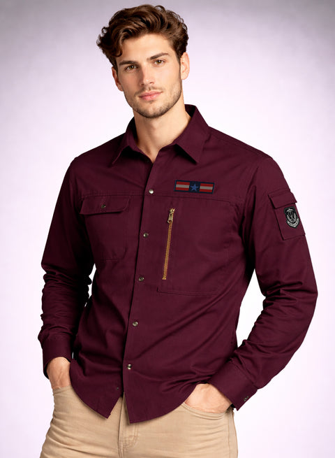 ADRO Men’s Solid Maroon Cargo Shirt| Premium Cotton Casual Shirts for Men | Zipper Pocket & Military Style Velcro Badge | Limited Stock