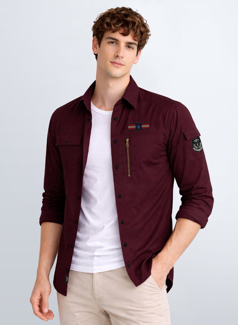 ADRO Men’s Solid Maroon Cargo Shirt| Premium Cotton Casual Shirts for Men | Zipper Pocket & Military Style Velcro Badge | Limited Stock