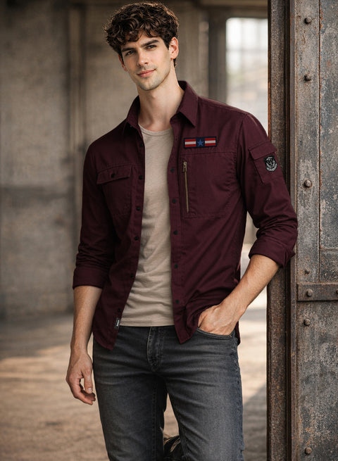 ADRO Men’s Solid Maroon Cargo Shirt| Premium Cotton Casual Shirts for Men | Zipper Pocket & Military Style Velcro Badge | Limited Stock