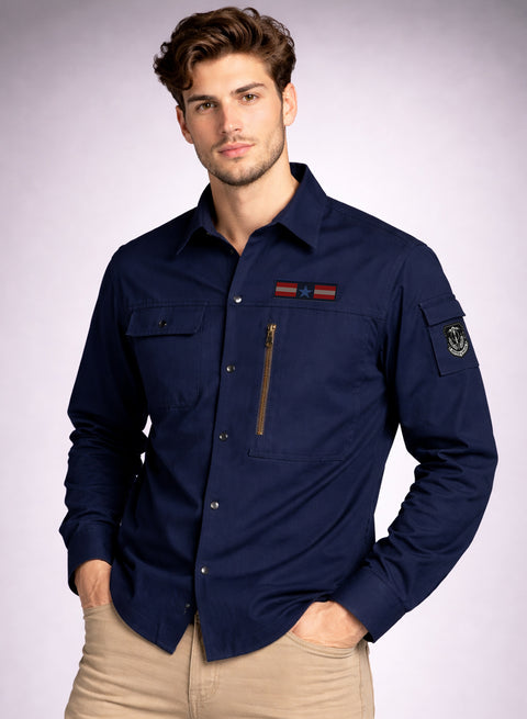 ADRO Men’s Solid Navy Blue Cargo Shirt| Premium Cotton Casual Shirts for Men | Zipper Pocket & Military Style Velcro Badge | Limited Stock