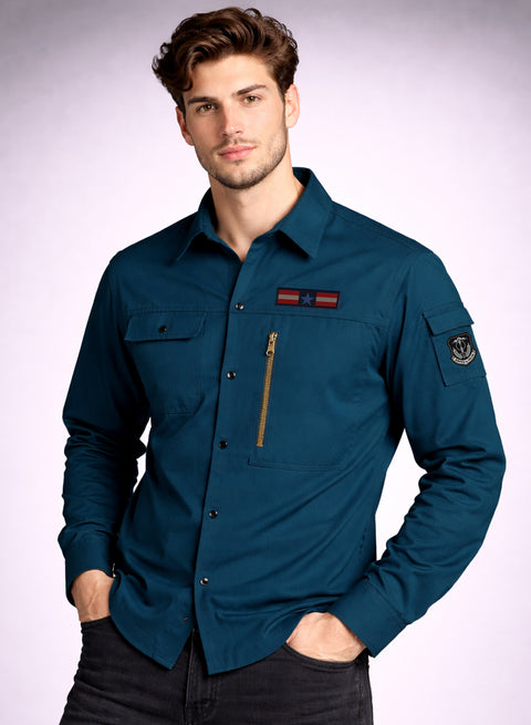 ADRO Men’s Solid Teal Blue Cargo Shirt| Premium Cotton Casual Shirts for Men | Zipper Pocket & Military Style Velcro Badge | Limited Stock