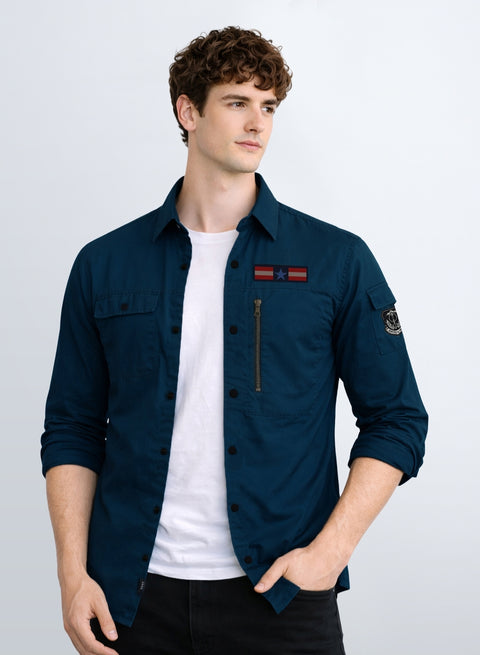 ADRO Men’s Solid Teal Blue Cargo Shirt| Premium Cotton Casual Shirts for Men | Zipper Pocket & Military Style Velcro Badge | Limited Stock