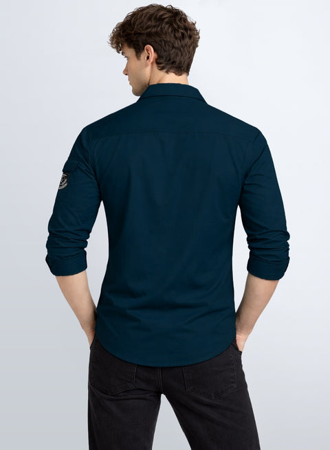 ADRO Men’s Solid Teal Blue Cargo Shirt| Premium Cotton Casual Shirts for Men | Zipper Pocket & Military Style Velcro Badge | Limited Stock