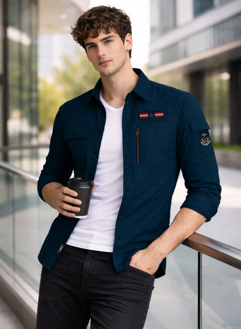 ADRO Men’s Solid Teal Blue Cargo Shirt| Premium Cotton Casual Shirts for Men | Zipper Pocket & Military Style Velcro Badge | Limited Stock