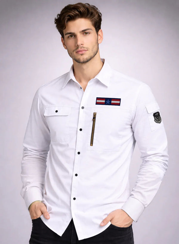 ADRO Men’s Solid White Cargo Shirt| Premium Cotton Casual Shirts for Men | Zipper Pocket & Military Style Velcro Badge | Limited Stock