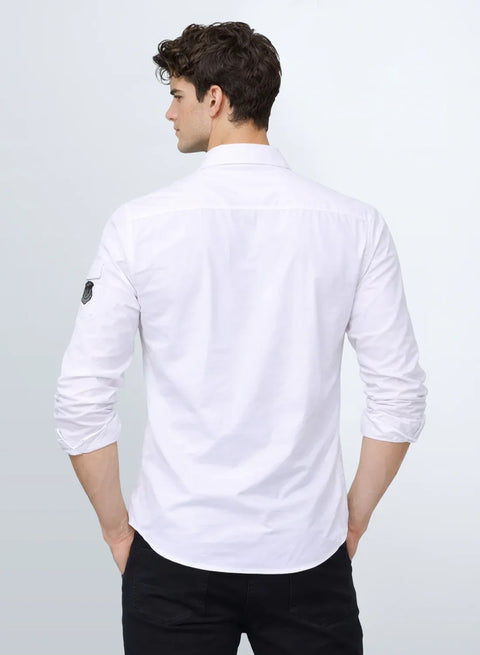 ADRO Men’s Solid White Cargo Shirt| Premium Cotton Casual Shirts for Men | Zipper Pocket & Military Style Velcro Badge | Limited Stock