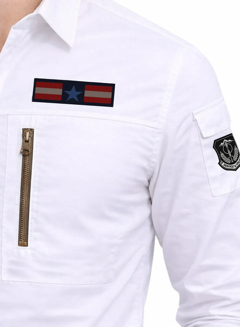 ADRO Men’s Solid White Cargo Shirt| Premium Cotton Casual Shirts for Men | Zipper Pocket & Military Style Velcro Badge | Limited Stock