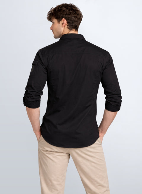 ADRO Men’s Solid Black Cargo Shirt| Premium Cotton Casual Shirts for Men | Zipper Pocket & Military Style Velcro Badge | Limited Stock