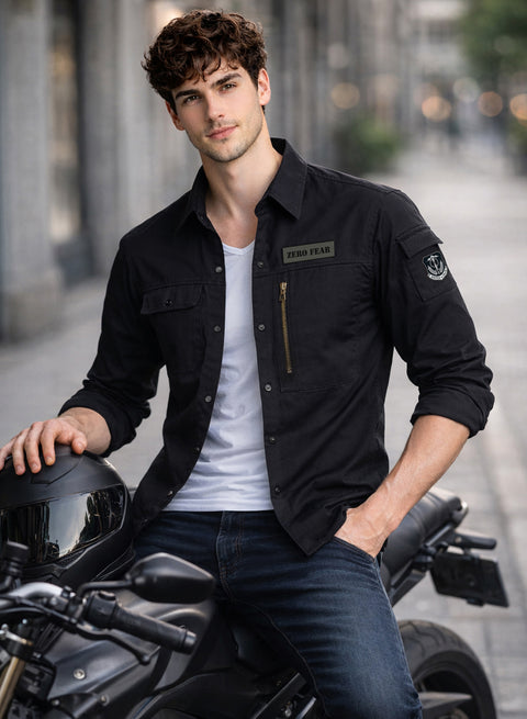 ADRO Men’s Solid Black Cargo Shirt| Premium Cotton Casual Shirts for Men | Zipper Pocket & Military Style Velcro Badge | Limited Stock