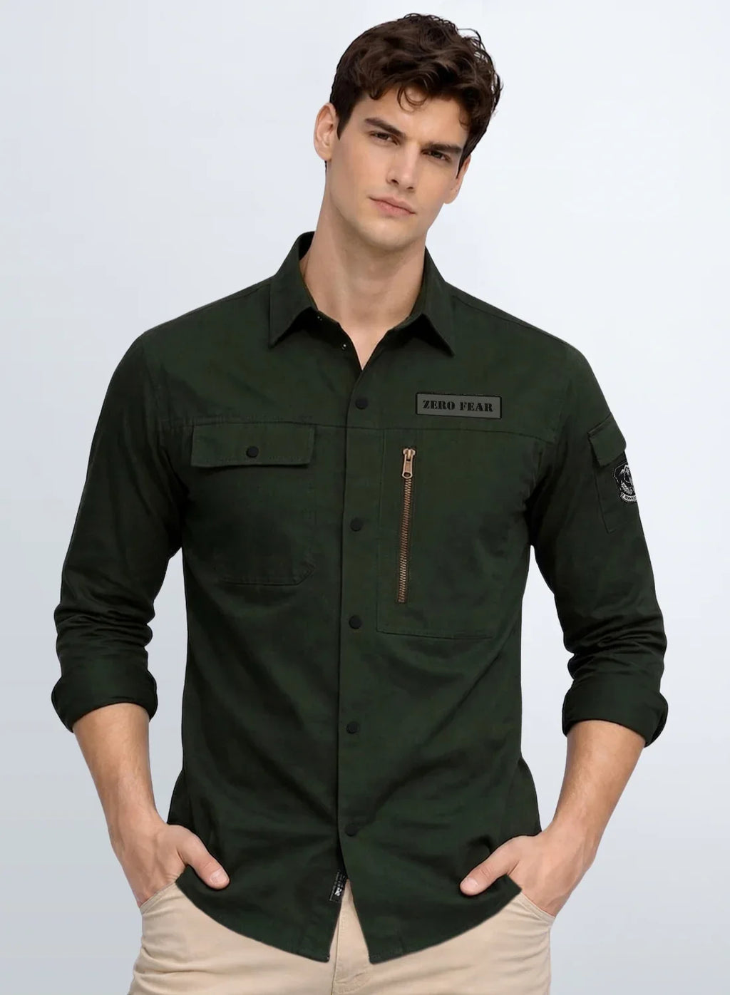 ADRO Men’s Solid Green Cargo Shirt| Premium Cotton Casual Shirts for Men | Zipper Pocket & Military Style Velcro Badge | Limited Stock