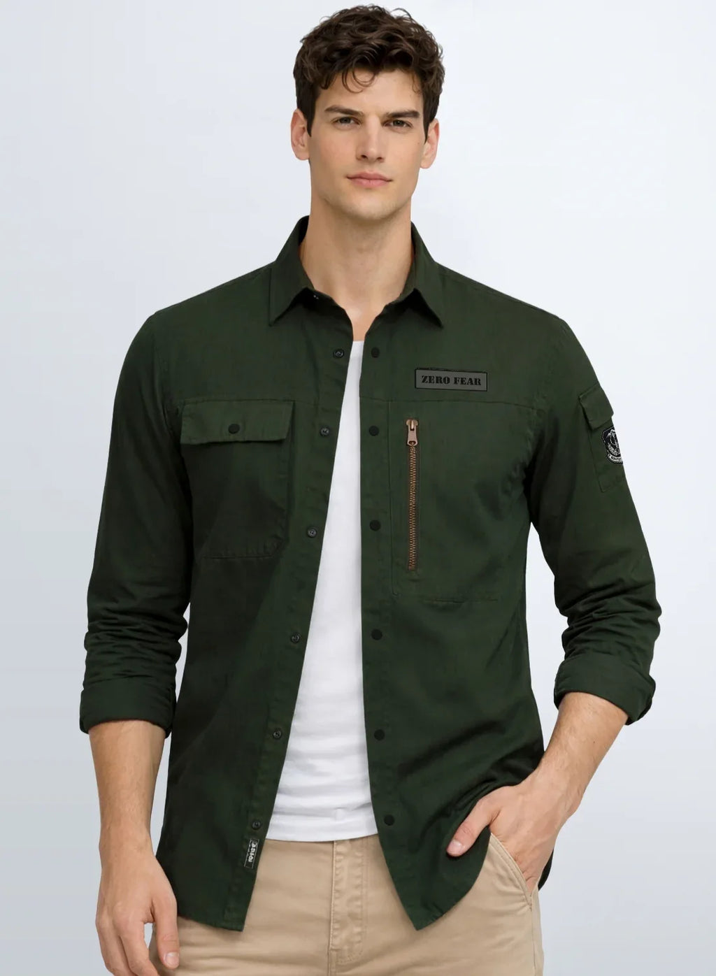 ADRO Men’s Solid Green Cargo Shirt| Premium Cotton Casual Shirts for Men | Zipper Pocket & Military Style Velcro Badge | Limited Stock