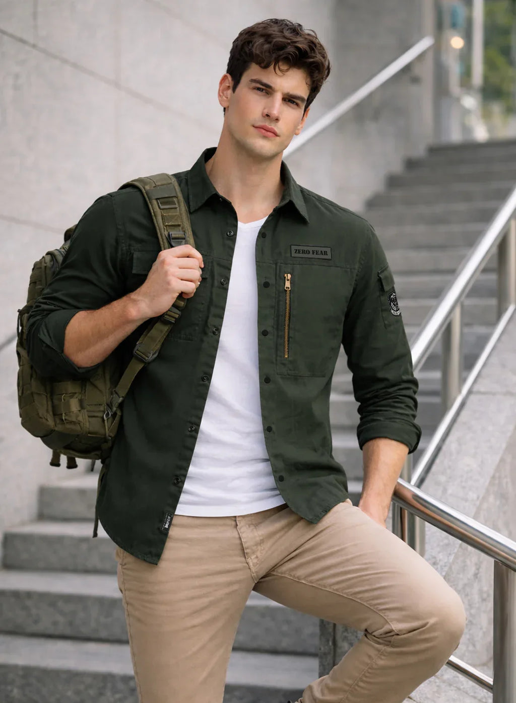 ADRO Men’s Solid Green Cargo Shirt| Premium Cotton Casual Shirts for Men | Zipper Pocket & Military Style Velcro Badge | Limited Stock