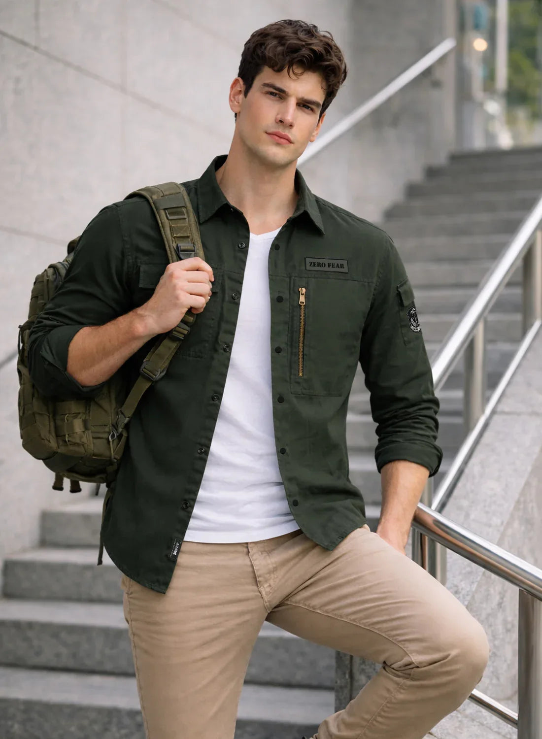 ADRO Men’s Solid Green Cargo Shirt| Premium Cotton Casual Shirts for Men | Zipper Pocket & Military Style Velcro Badge | Limited Stock