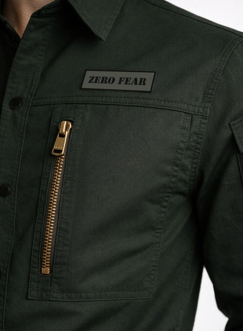 ADRO Men’s Solid Green Cargo Shirt| Premium Cotton Casual Shirts for Men | Zipper Pocket & Military Style Velcro Badge | Limited Stock