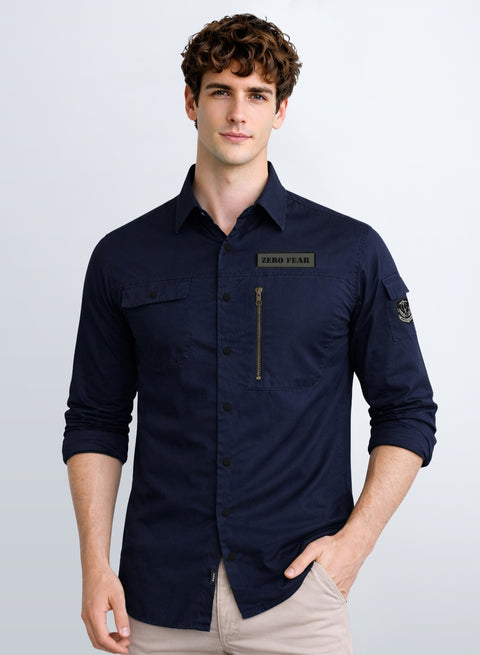 ADRO Men’s Solid Navy Blue Cargo Shirt| Premium Cotton Casual Shirts for Men | Zipper Pocket & Military Style Velcro Badge | Limited Stock