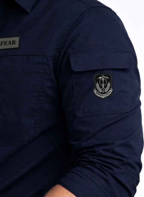 ADRO Men’s Solid Navy Blue Cargo Shirt| Premium Cotton Casual Shirts for Men | Zipper Pocket & Military Style Velcro Badge | Limited Stock