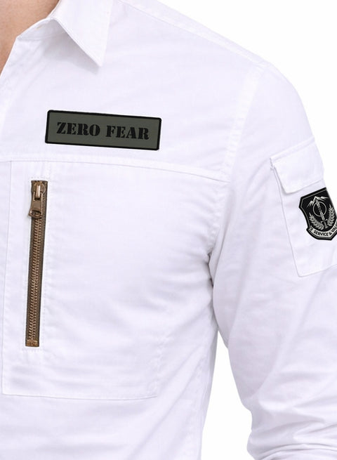 ADRO Men’s Solid White Cargo Shirt| Premium Cotton Casual Shirts for Men | Zipper Pocket & Military Style Velcro Badge | Limited Stock