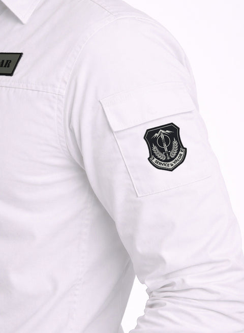 ADRO Men’s Solid White Cargo Shirt| Premium Cotton Casual Shirts for Men | Zipper Pocket & Military Style Velcro Badge | Limited Stock