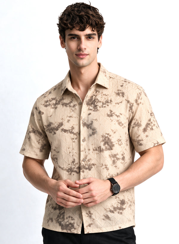 Beige Floral Diamond Texture Relaxed Fit Mens Jacquard Shirt