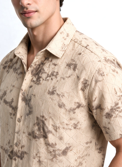 Beige Floral Diamond Texture Relaxed Fit Mens Jacquard Shirt