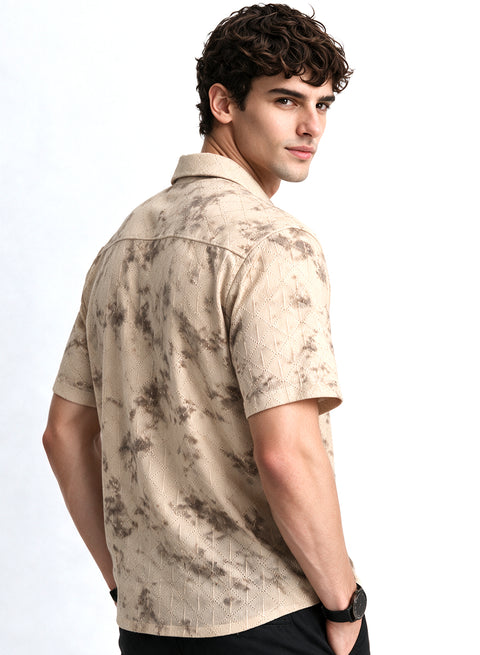 Beige Floral Diamond Texture Relaxed Fit Mens Jacquard Shirt