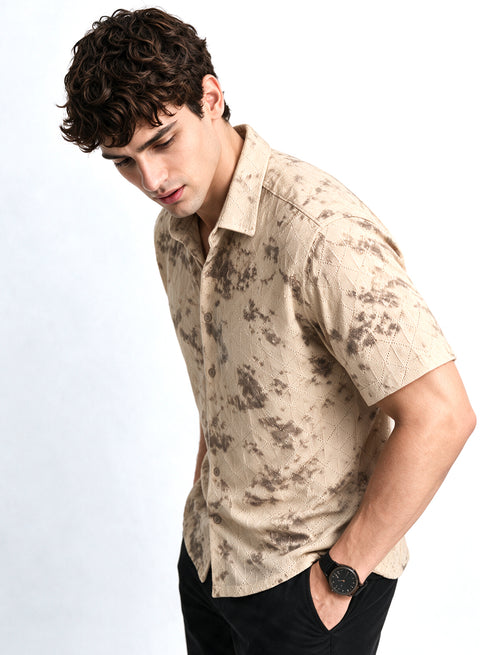 Beige Floral Diamond Texture Relaxed Fit Mens Jacquard Shirt