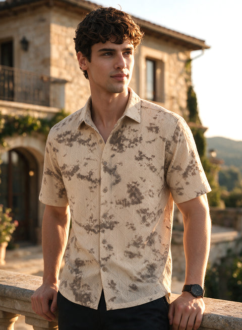 Beige Floral Diamond Texture Relaxed Fit Mens Jacquard Shirt