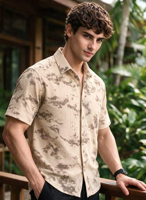 Beige Floral Diamond Texture Relaxed Fit Mens Jacquard Shirt