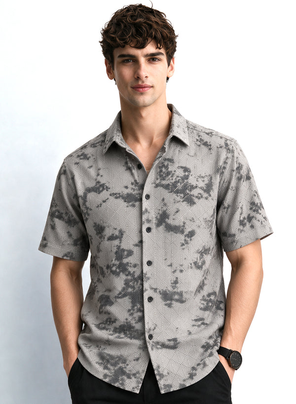 Grey Floral Diamond Texture Relaxed Fit Mens Jacquard Shirt
